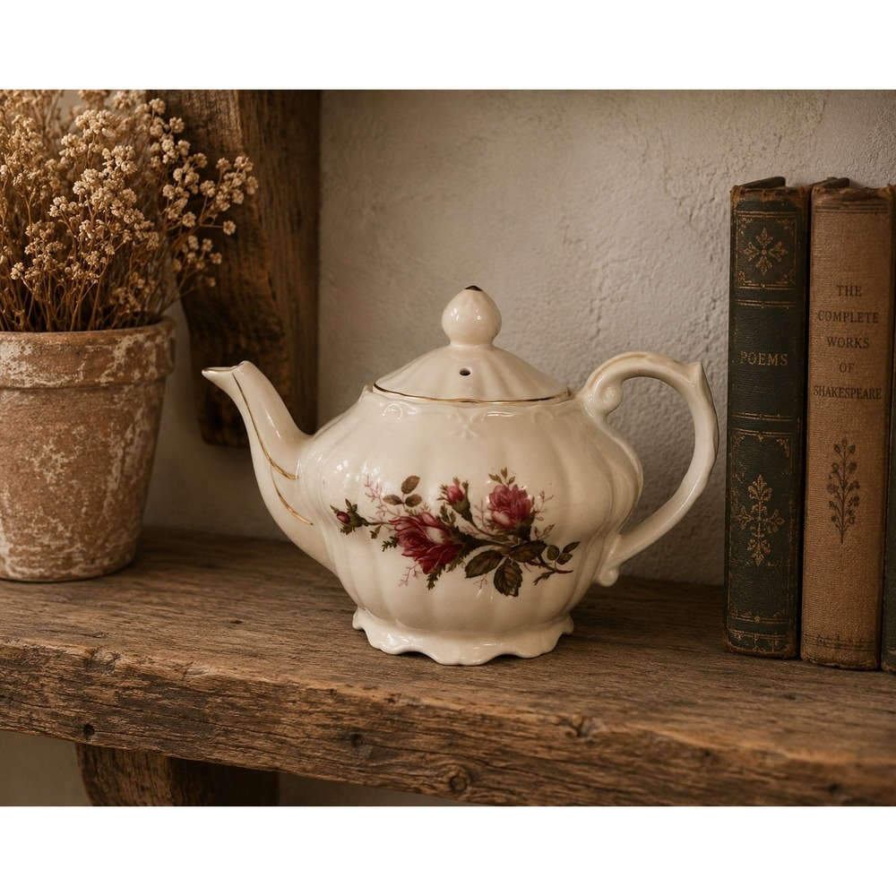 Vintage Musical Ceramic Teapot Pink Rose Gold Floral Scalloped Cream Porcelain